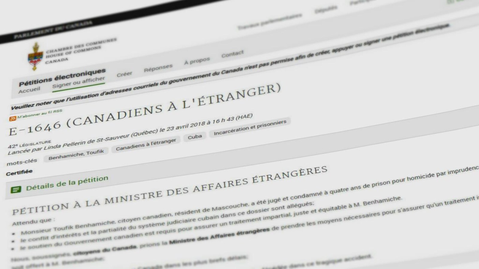 Capture d'écran de la pétition.