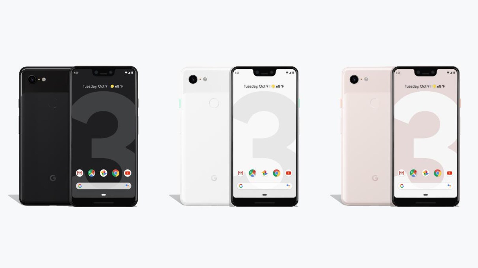 Une photo montrant trois paires de téléphones Pixel 3. La première est noire, la deuxième est blanche et la troisième est rose pâle.