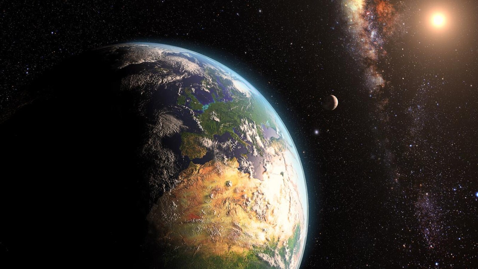 Représentation artistique de la Terre et de la Lune avec comme toile de fond le Soleil et la Voie lactée.