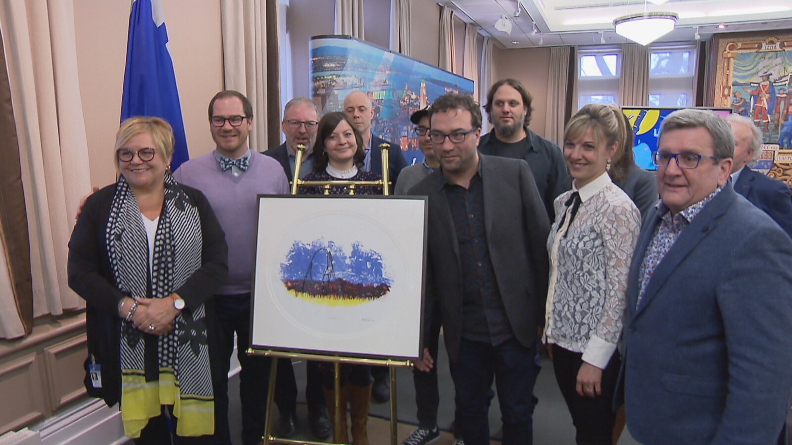 Dévoilement d’une œuvre d’art en présence du maire de Québec, Régis Labeaume, et de représentants de la Fondation Cowboys Fringants et de ses partenaires.