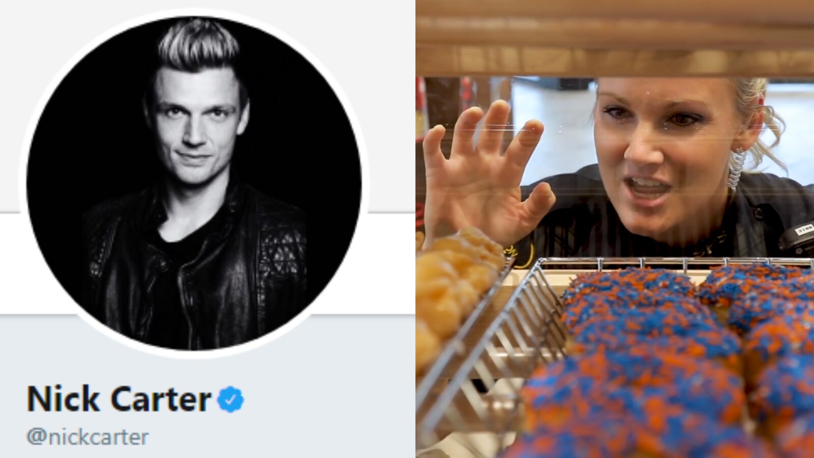 Une photo de Nick Carter et une image d'une policière devant des beignes