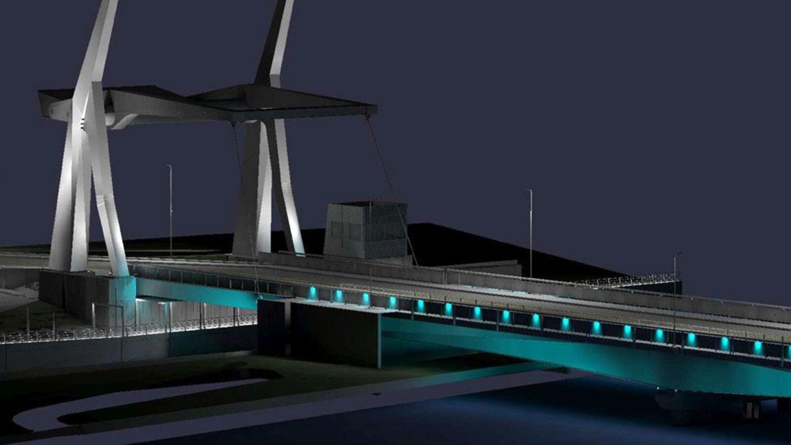 Esquisse du futur pont Gouin de Saint-Jean-sur-Richelieu, qui comprend un pont-levis (vue de soir)