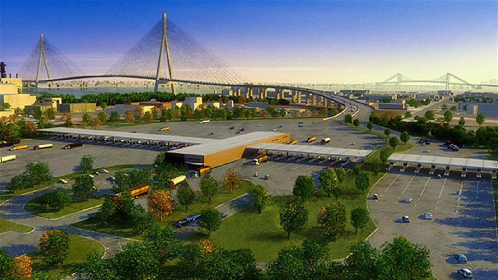 Dessin du concept de pont avec le poste frontière