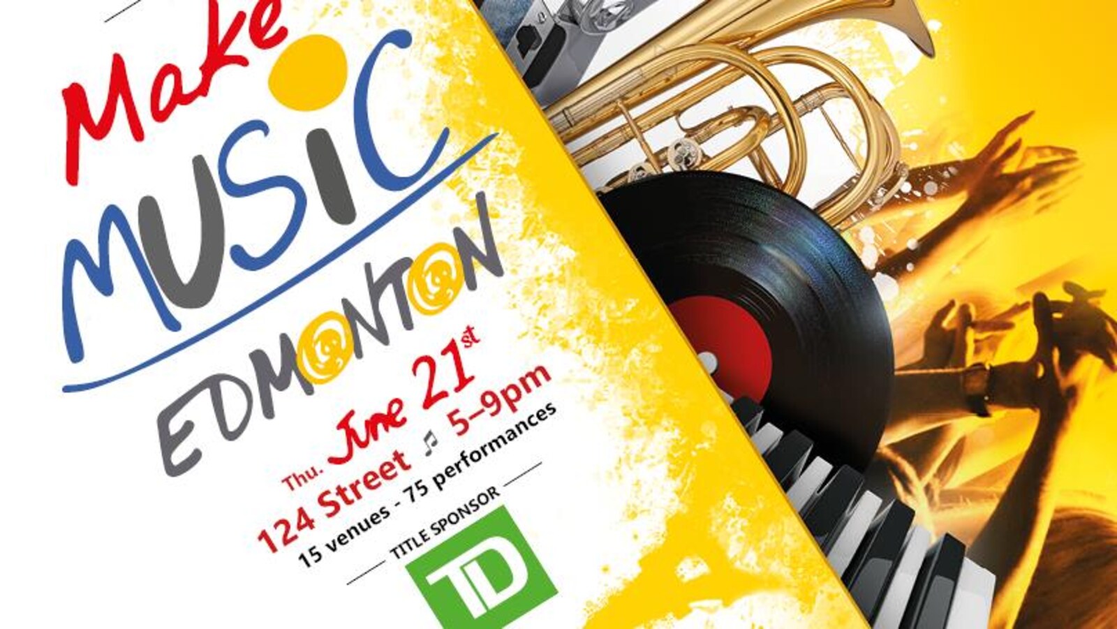 Collage d'accessoires, d'instruments et d'artistes sur l'affiche de la Fête de la musique à Edmonton