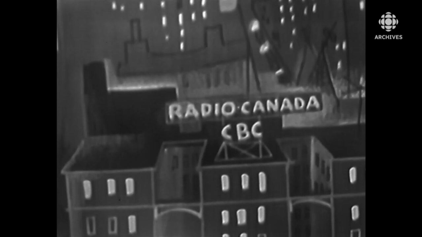 Dessin illustrant le centre-ville de Montréal avec en premier plan l'édifice de Radio-Canada et de CBC.