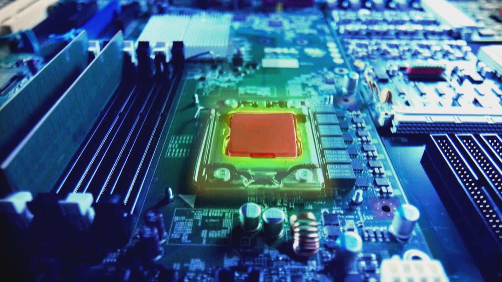 On voit un processeur et des circuits informatiques.