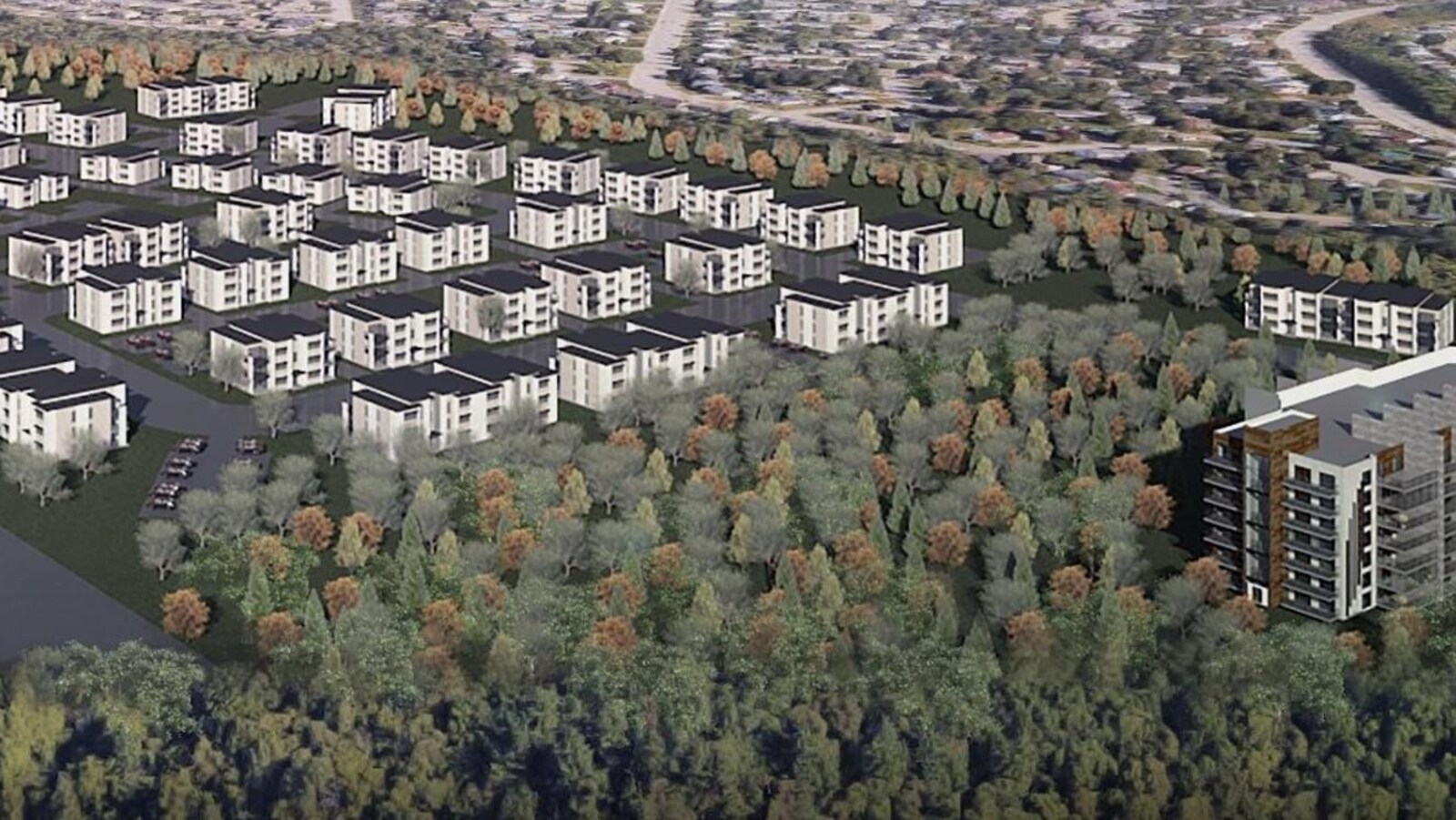 Une vue aérienne d'un développement immobilier envisagé au bout de l'actuel boulevard des Estacades, à Trois-Rivières.