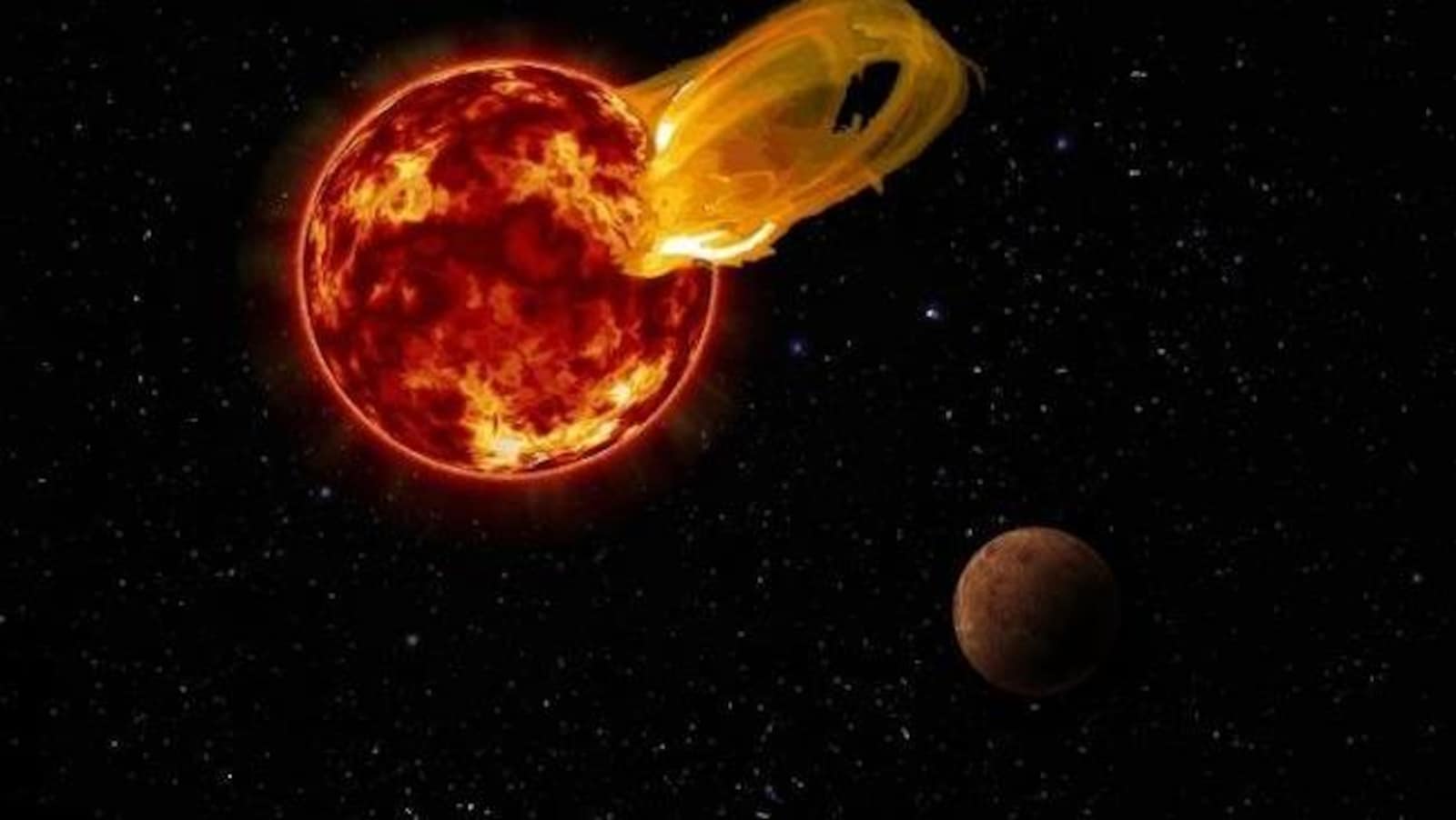 Représentation artistique de l'éruption stellaire survenue le 24 mars 2017 à la surface de Proxima du Centaure.