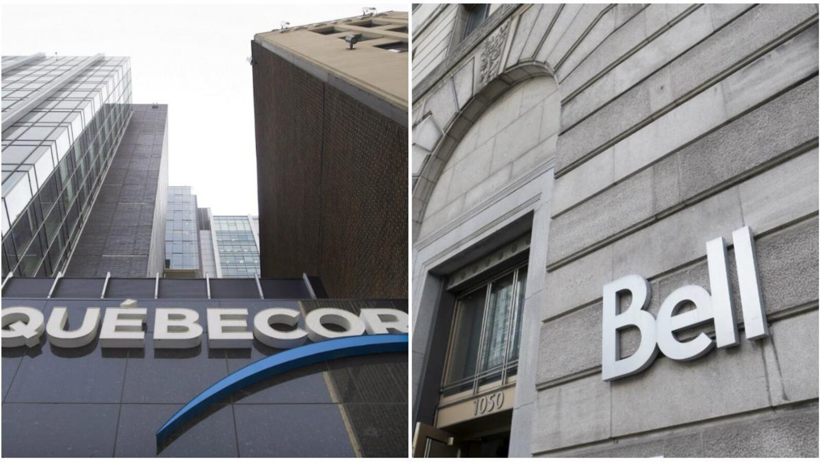 Montage photo du siège social de Québecor à Montréal, à gauche, et des bureaux de Bell à Montréal