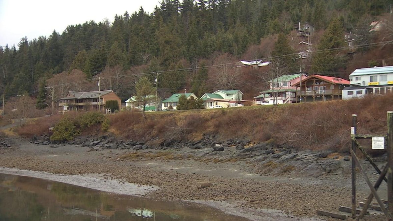 Huit maisons au bord de l'eau dans le village de Queen Charlotte avec des sapins sur une colline en arrière-plan.