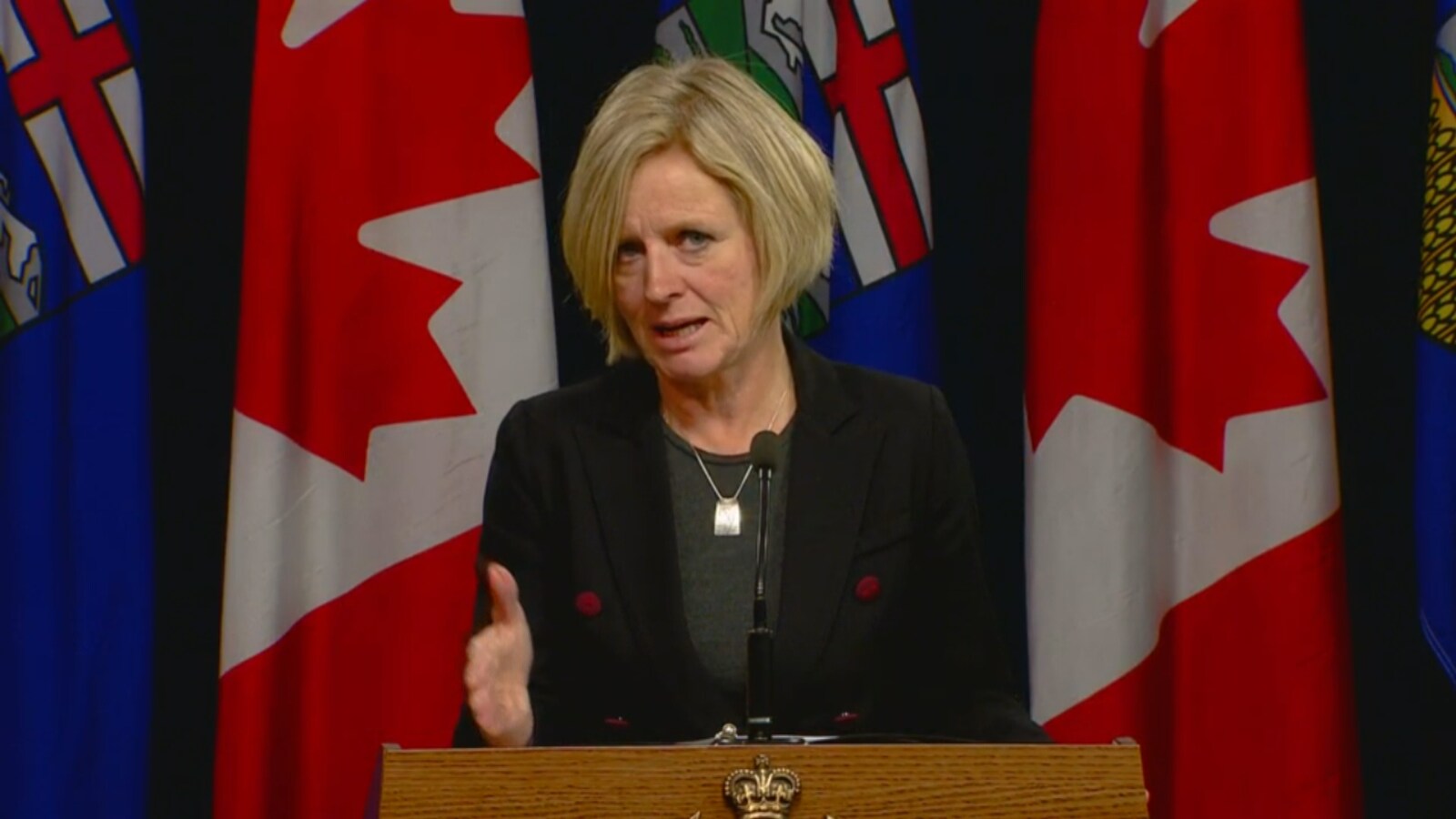 La première ministre en conférence de presse devant des drapeaux albertains et canadiens.