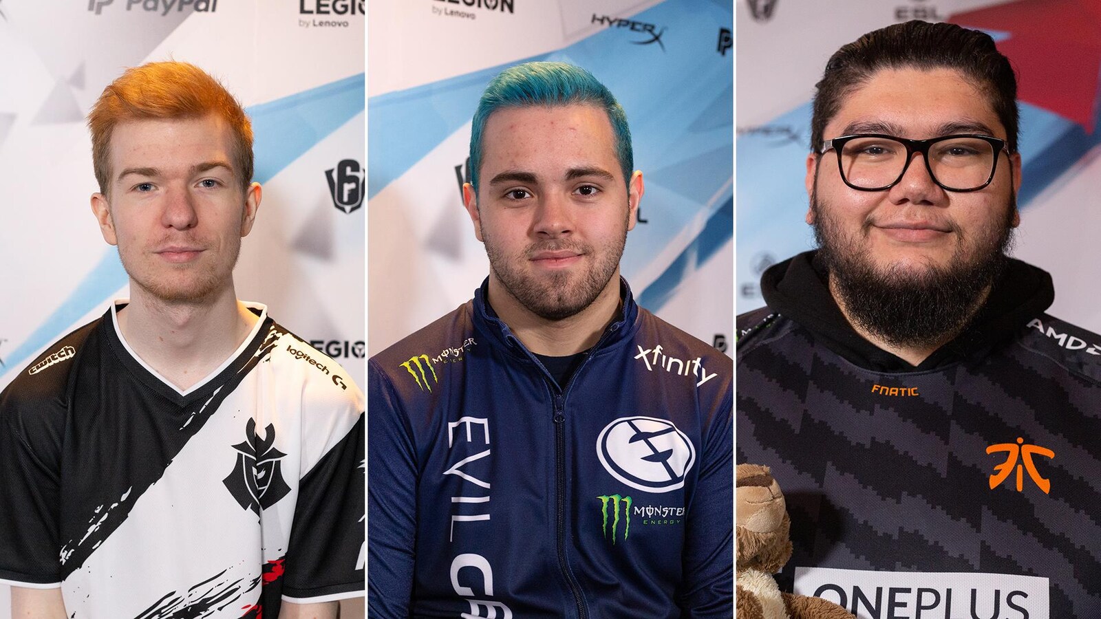 Un montage de trois photos montrant chacune un joueur de jeux vidéo professionnel.