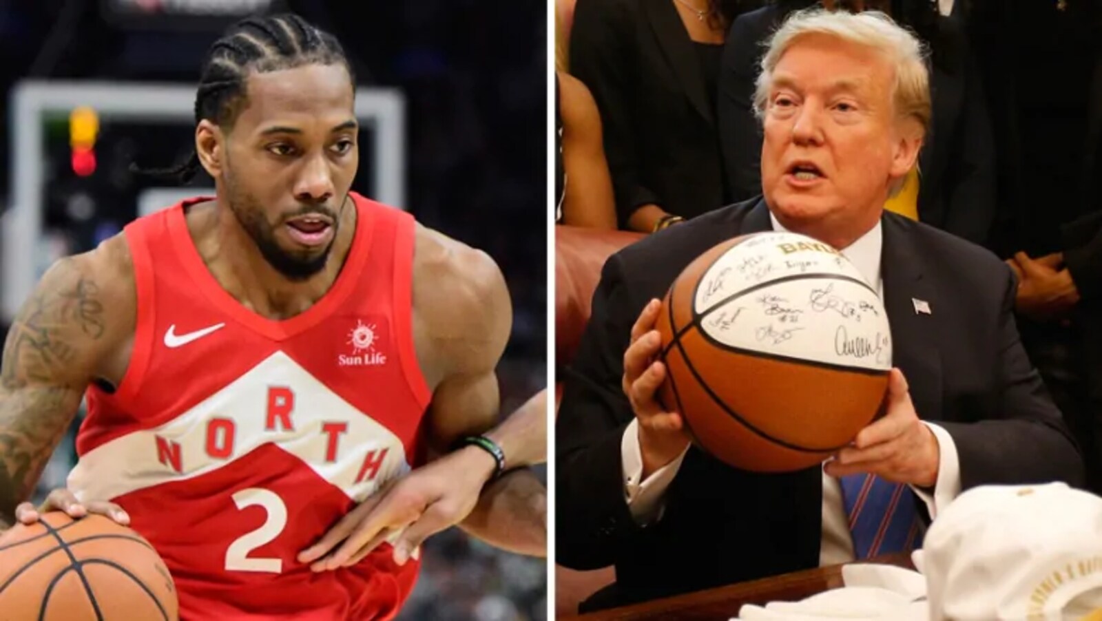 Photo en mosaïque du joueur de basketball Kawhi Leonard qui dribble un ballon dans la main et du président Donald Trump qui tient un ballon dans les mains.