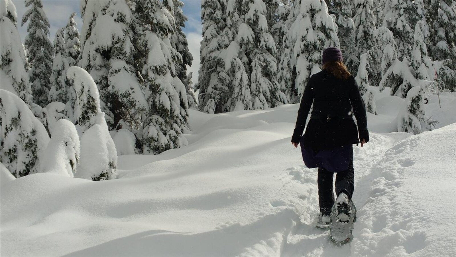 Une femme pratique de la raquette sur la montagne Cypress à West Vancouver en Colombie-Britannique.