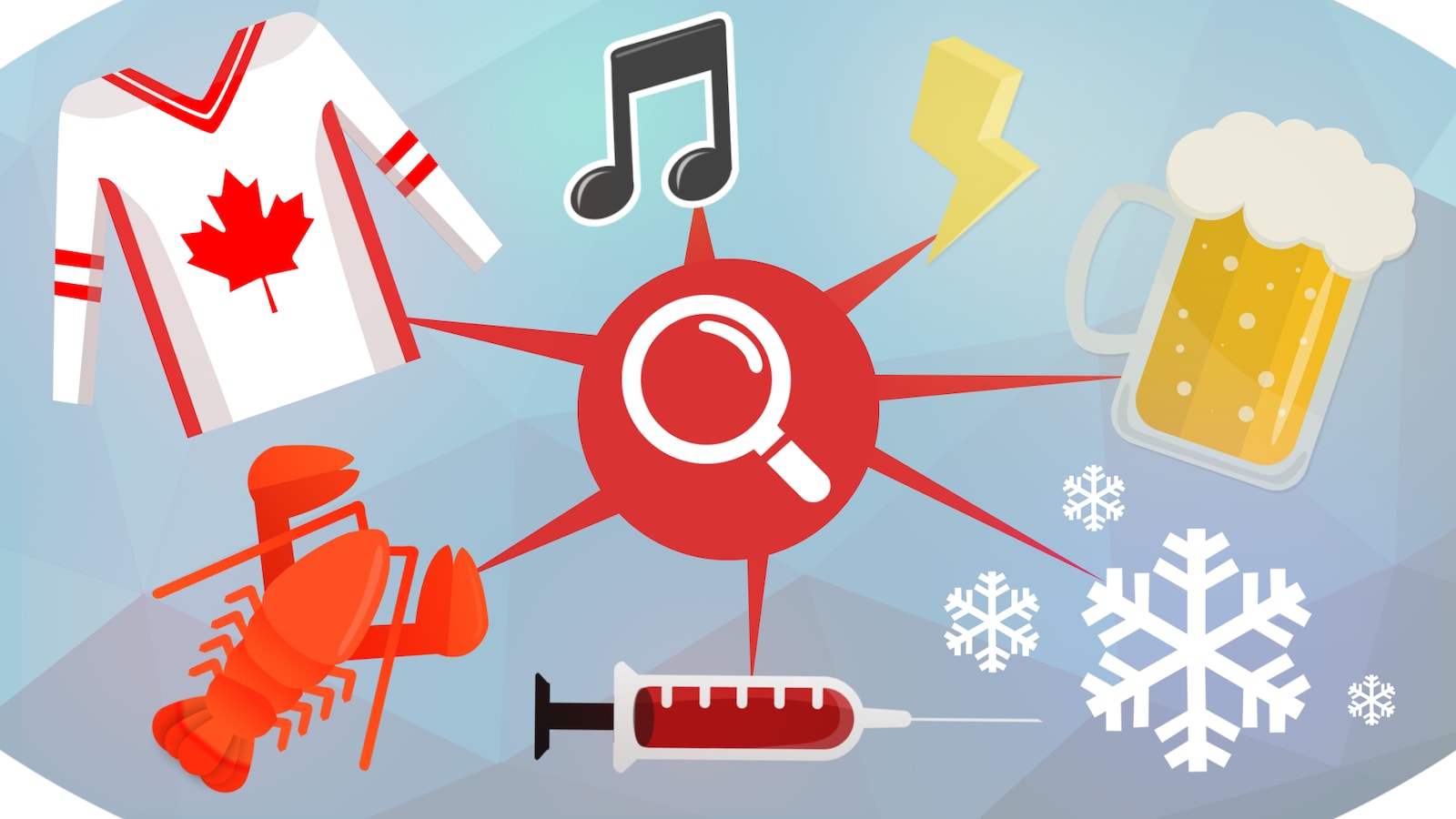 Infographie avec une loupe, un homard, une seringue, un gilet de hockey, une note de musique, une bière, des flocons et un éclair.