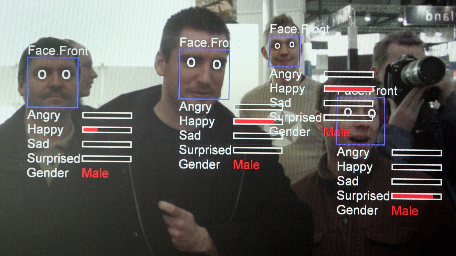 Les expressions du visage de quatre hommes sont analysées par un ordinateur pour détecter leur humeur (fâché, joyeux, triste ou surpris) et leur genre.