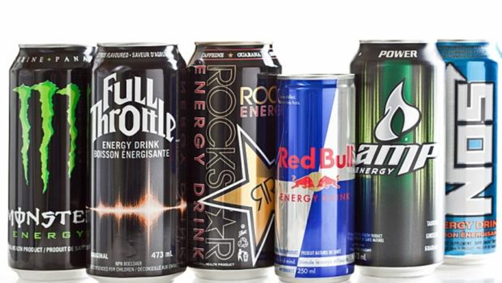 6 canettes de boissons énergisantes de marque Red Bull, Monster, Full Throttle, Rockstar et Amp