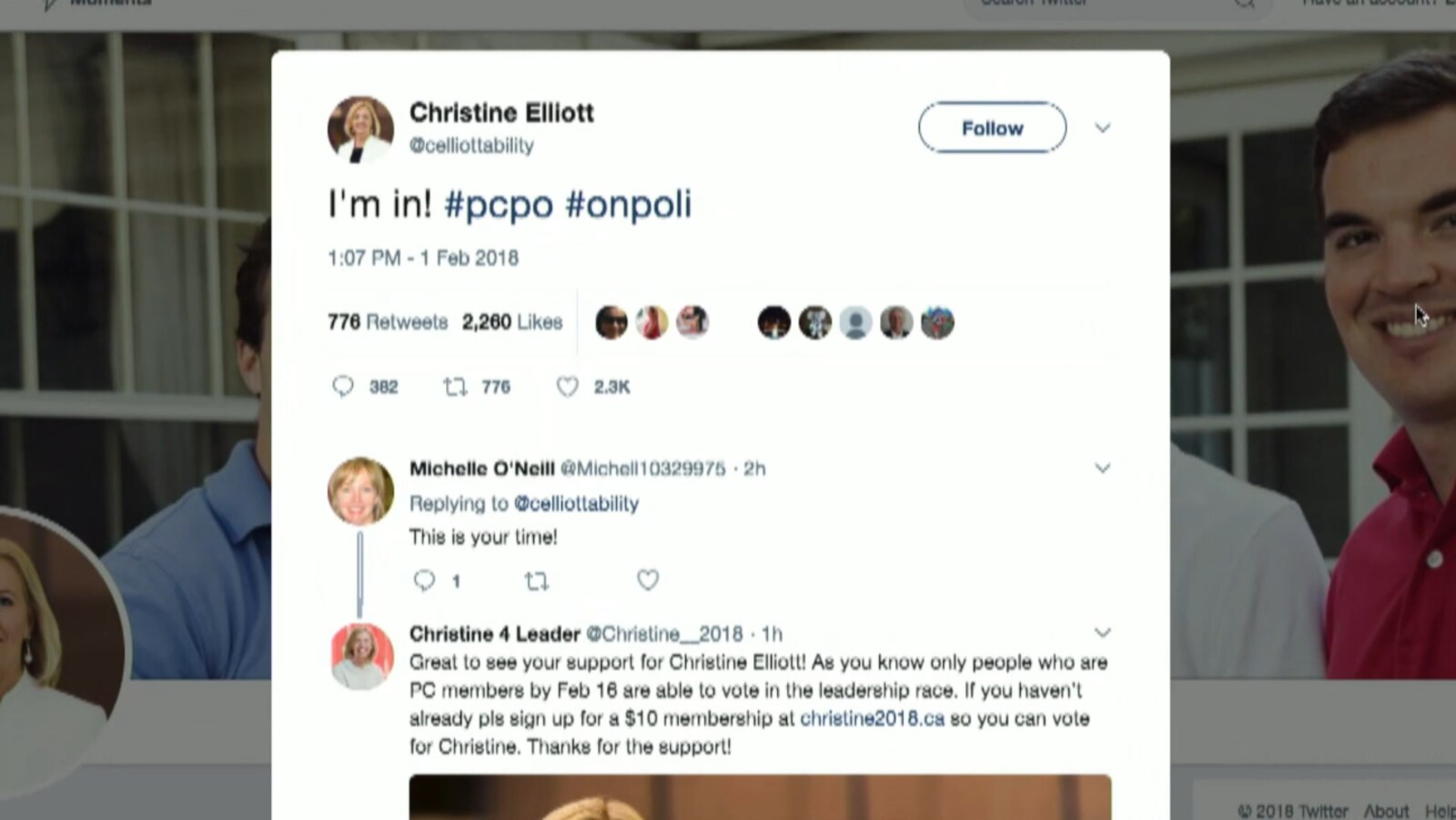 Un message de Christine Elliott sur Twitter pour lancer sa candidature.