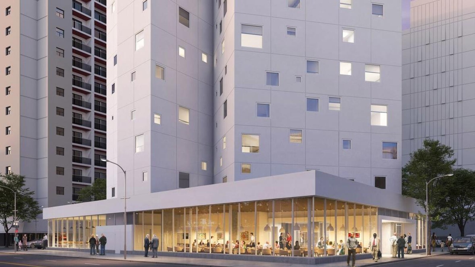 Maquette d'un bâtiment blanc de 14 étages avec un espace commercial au rez-de-chaussée.