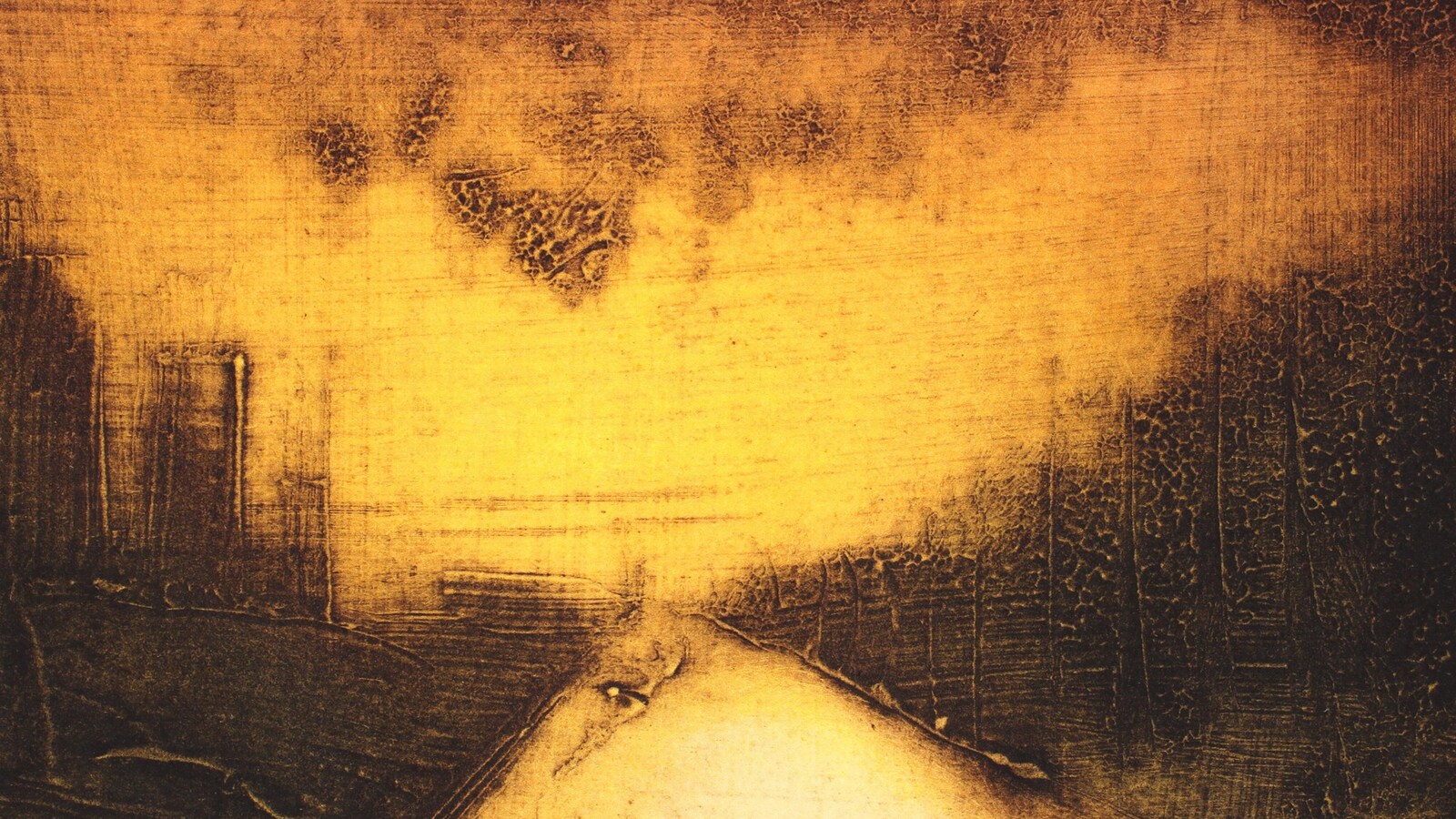 La gravure <i>Finir par arriver quelque part</i> de Richard Séguin représente un chemin semble-t-il entouré d'arbres, le tout éclairé par une lumière qui ressemble à un incendie.