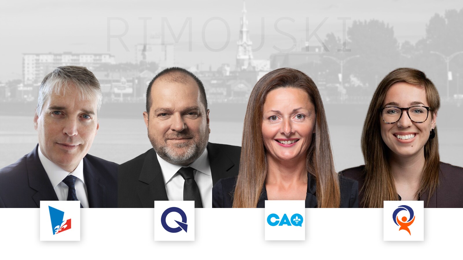 Montage photo avec les visages des candidats et les logos des partis politiques sous les visages.