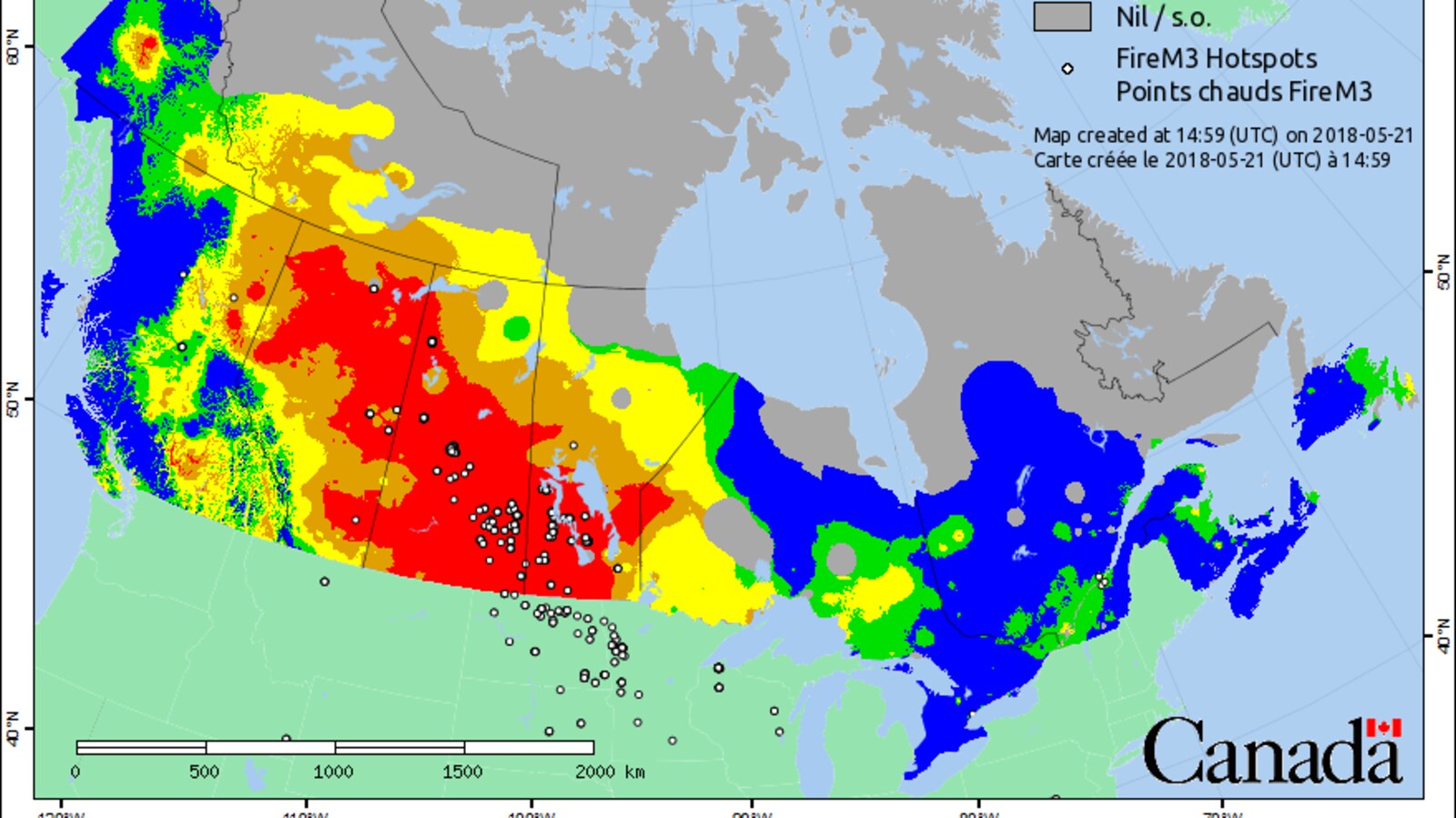 Une carte qui indique le risque d'incendie au Canada.