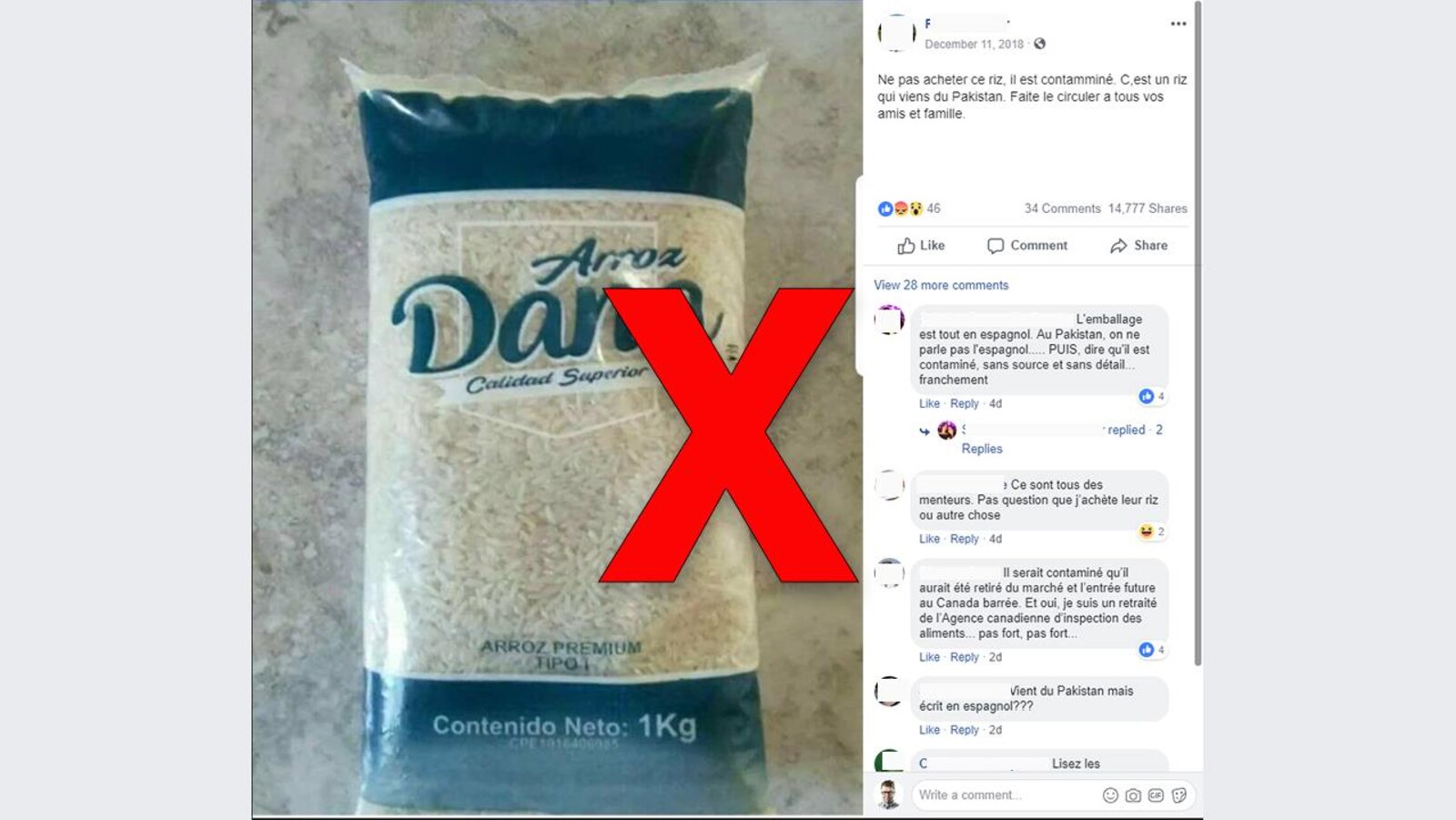 La publication Facebook contient une photo d'un sac de riz.