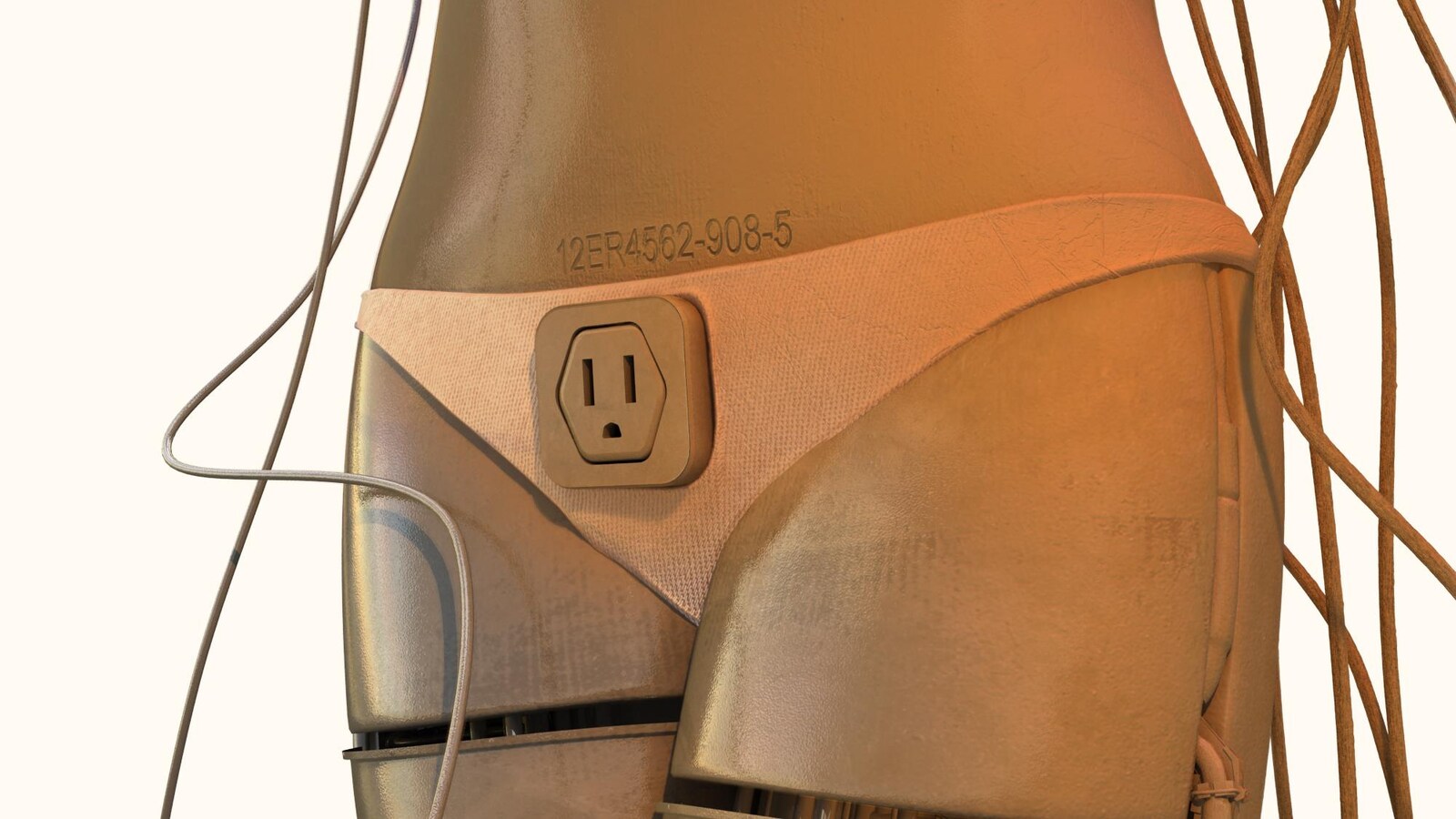 Un robot féminin branché à de nombreux fils et avec une prise électrique au niveau de son pubis.