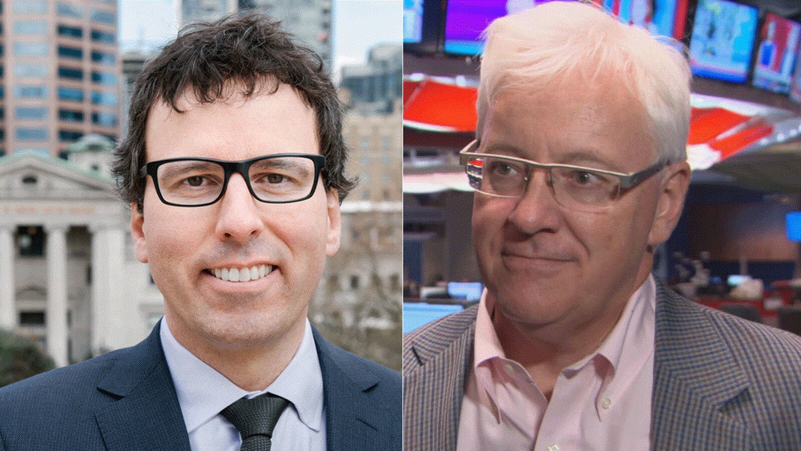 Photo de deux hommes en complet portant des lunettes; l'un a les cheveux noirs, l'autre, blancs.