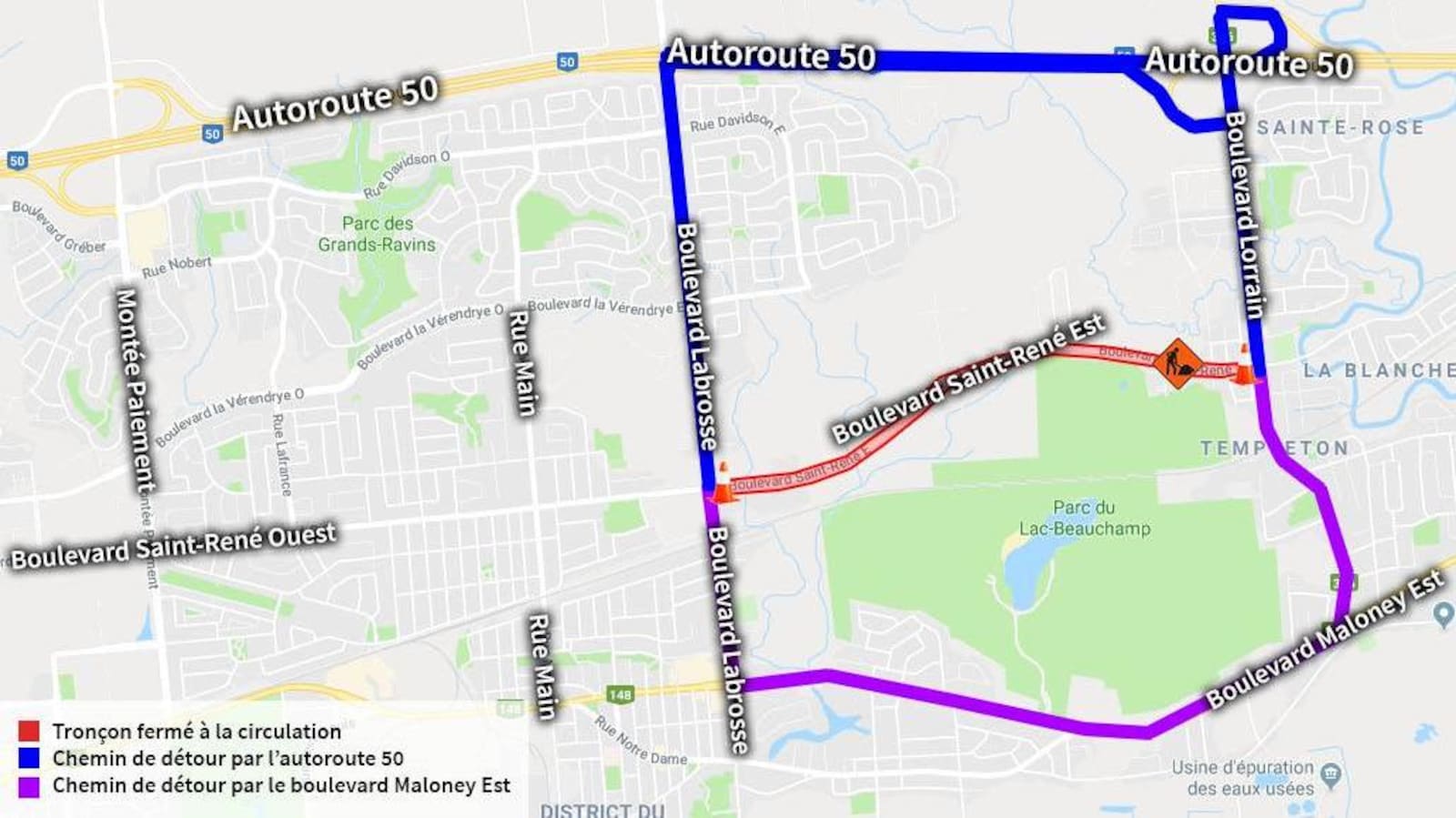 Une carte du tronçon fermé à la circulation et des chemins de détour.