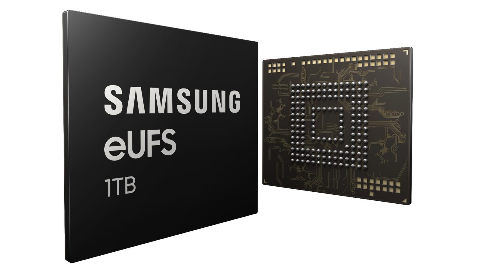 Une photo montrant le recto et le verso de la puce eUFS de Samsung.