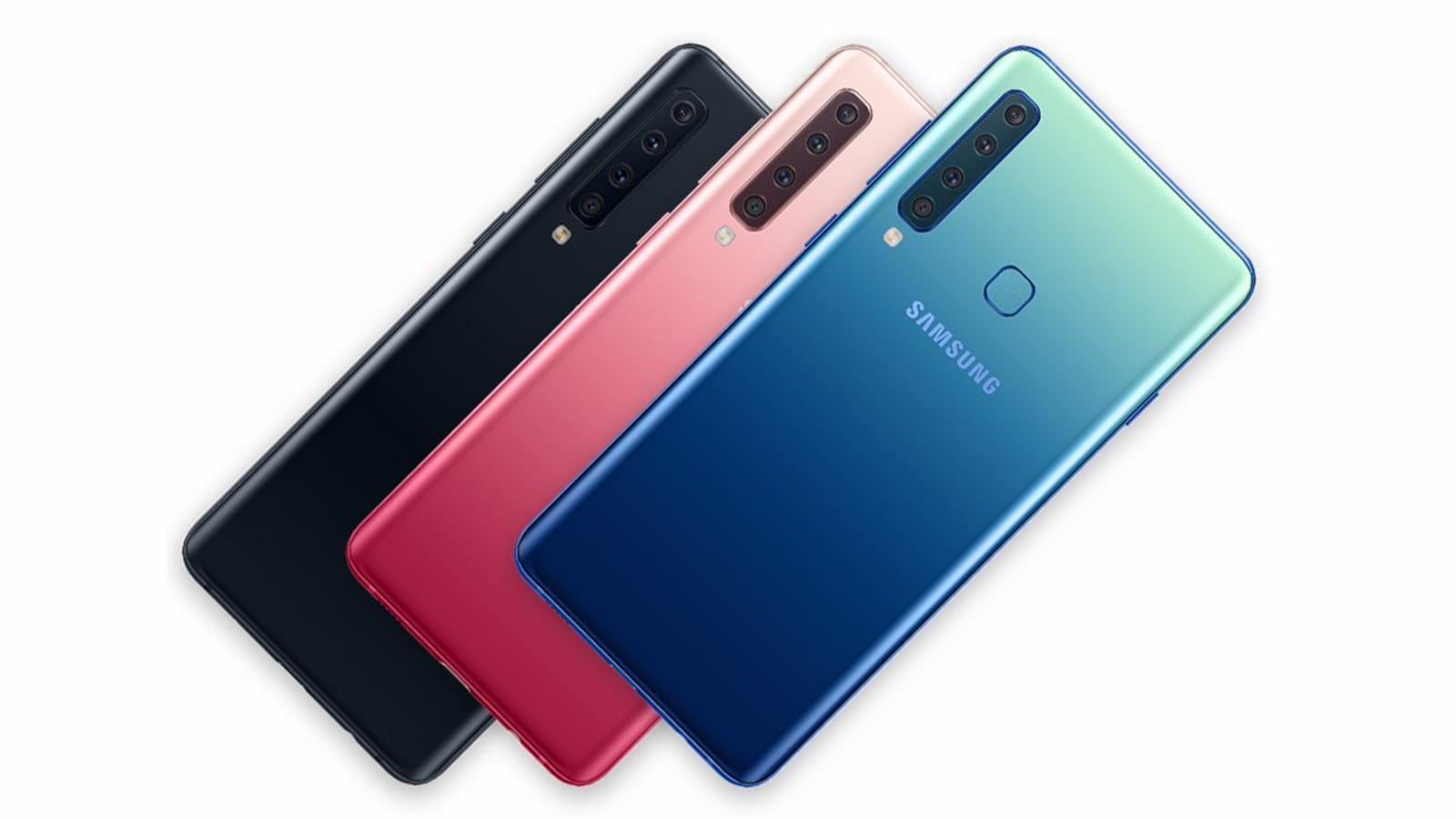 Une photo montrant trois téléphones Galaxy A9. Le premier est noir, le second est rose et le troisième est bleu.
