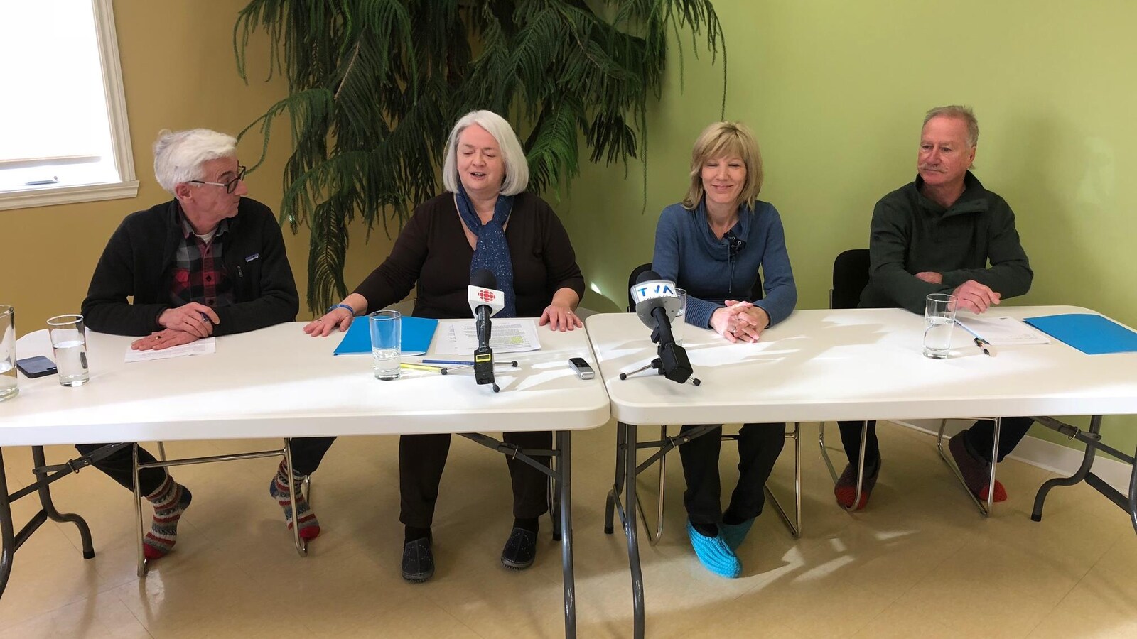 Des membres du Groupe de travail sur la santé mentale et le mieux-être en conférence de presse à New Richmond