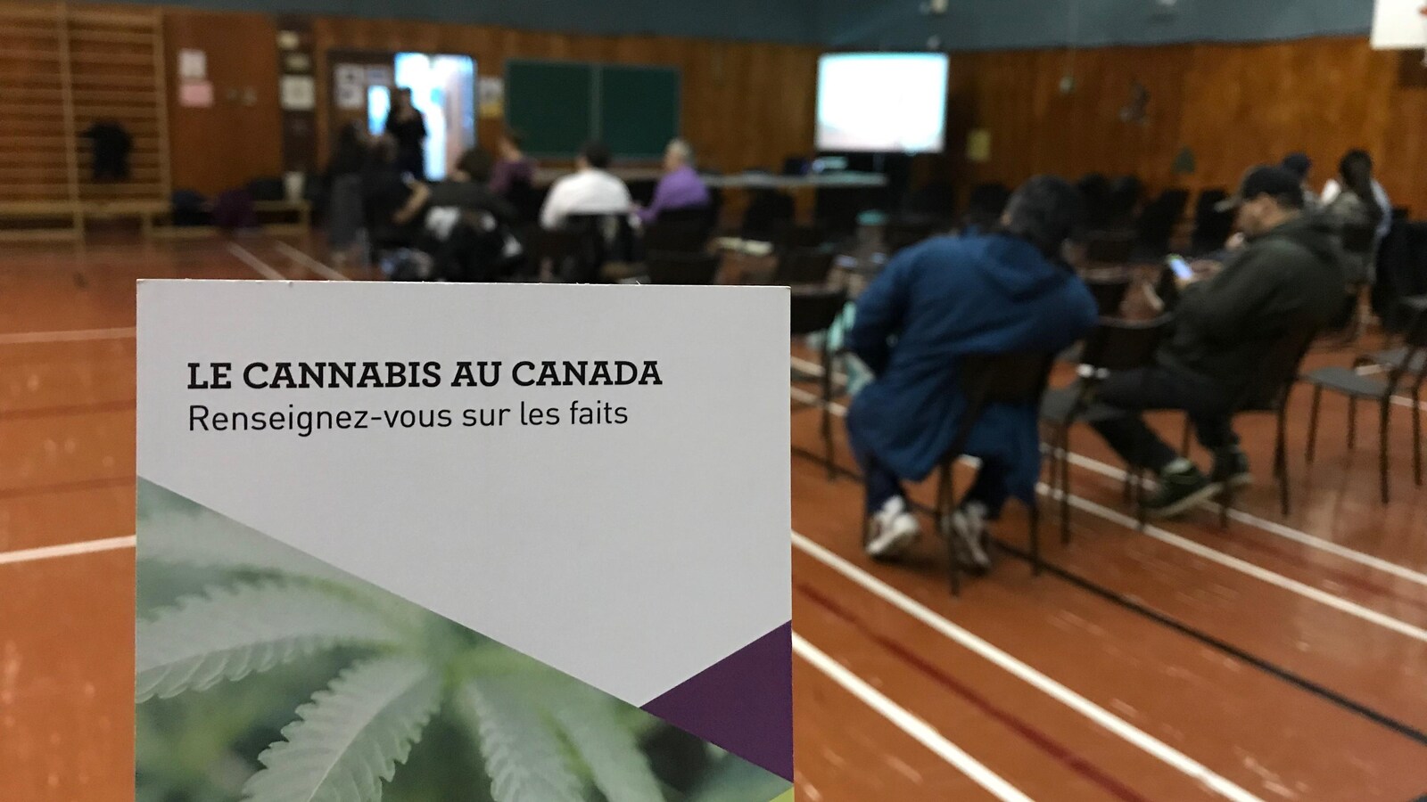 Un dépliant intitulé «Le cannabis au Canada - renseignez-vous sur les faits» est en premier plan lors d'une séance d'Information dans un gymnase.