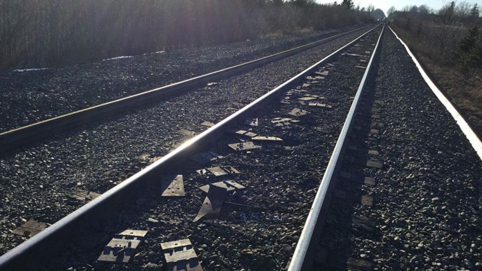 Des selles déposées entre deux rails d'une voie ferrée.