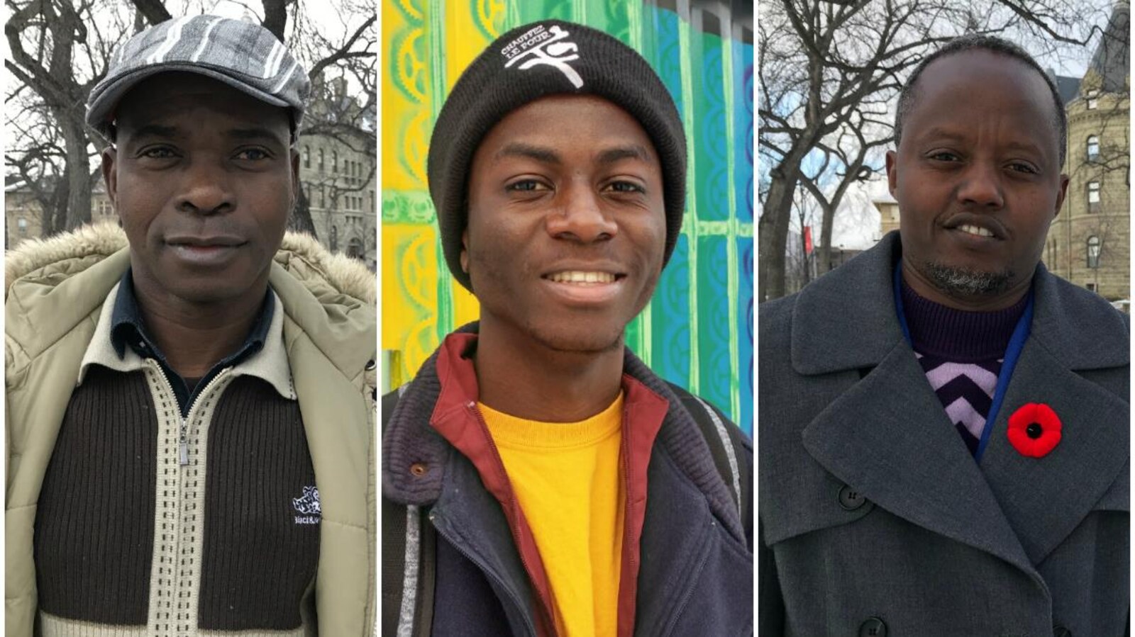 Collage avec trois portraits d'hommes noirs qui sourient, celui du milieu étant plus jeune que les deux autres.