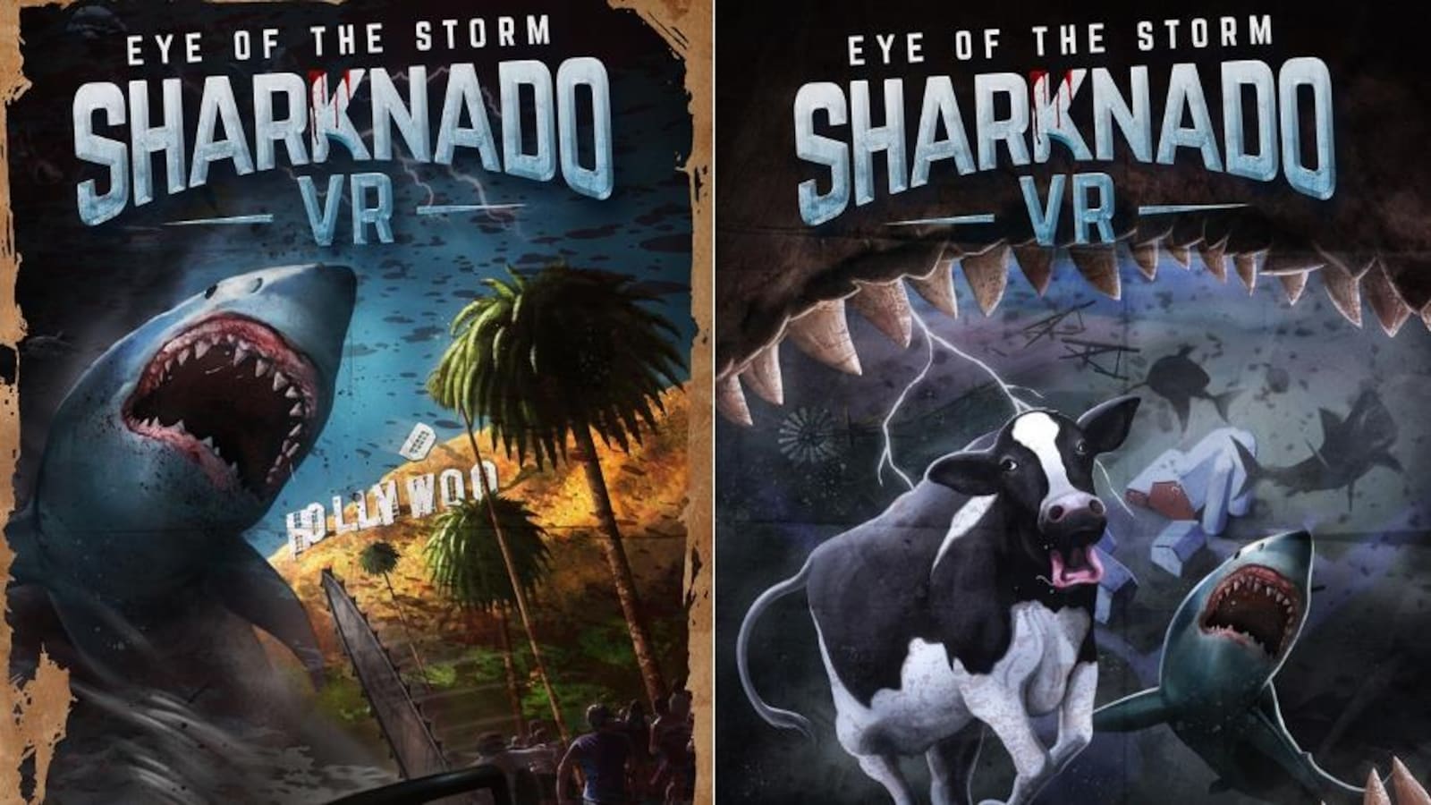 Deux affiches du jeu vidéo Sharknado côte-à-côte. À gauche, une tronçonneuse face à un requin. À droite, une vache vue de la gueule d'un requin.