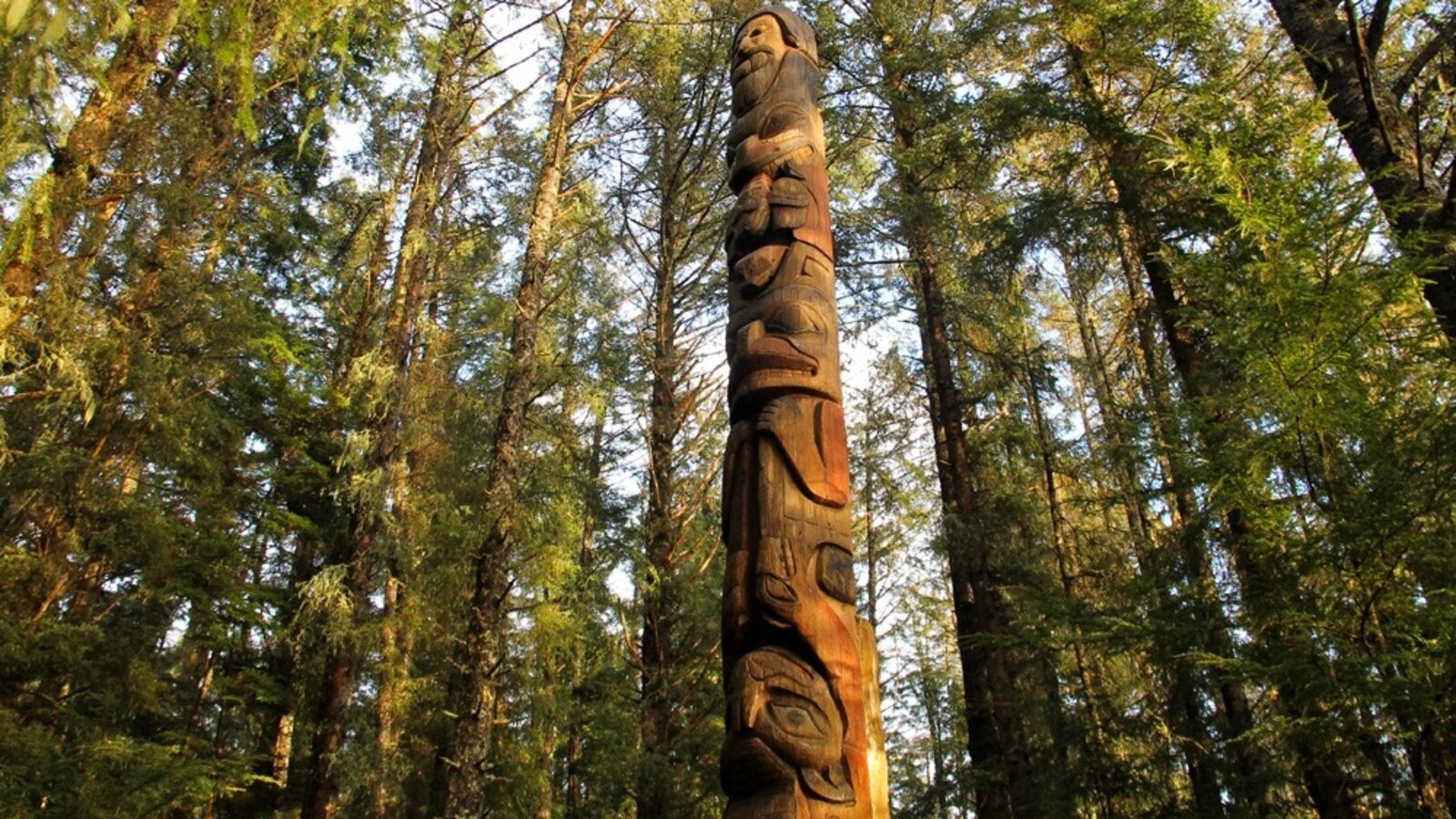 Un totem situé sur l'un des sentiers du parc national de Sitka, en Alaska