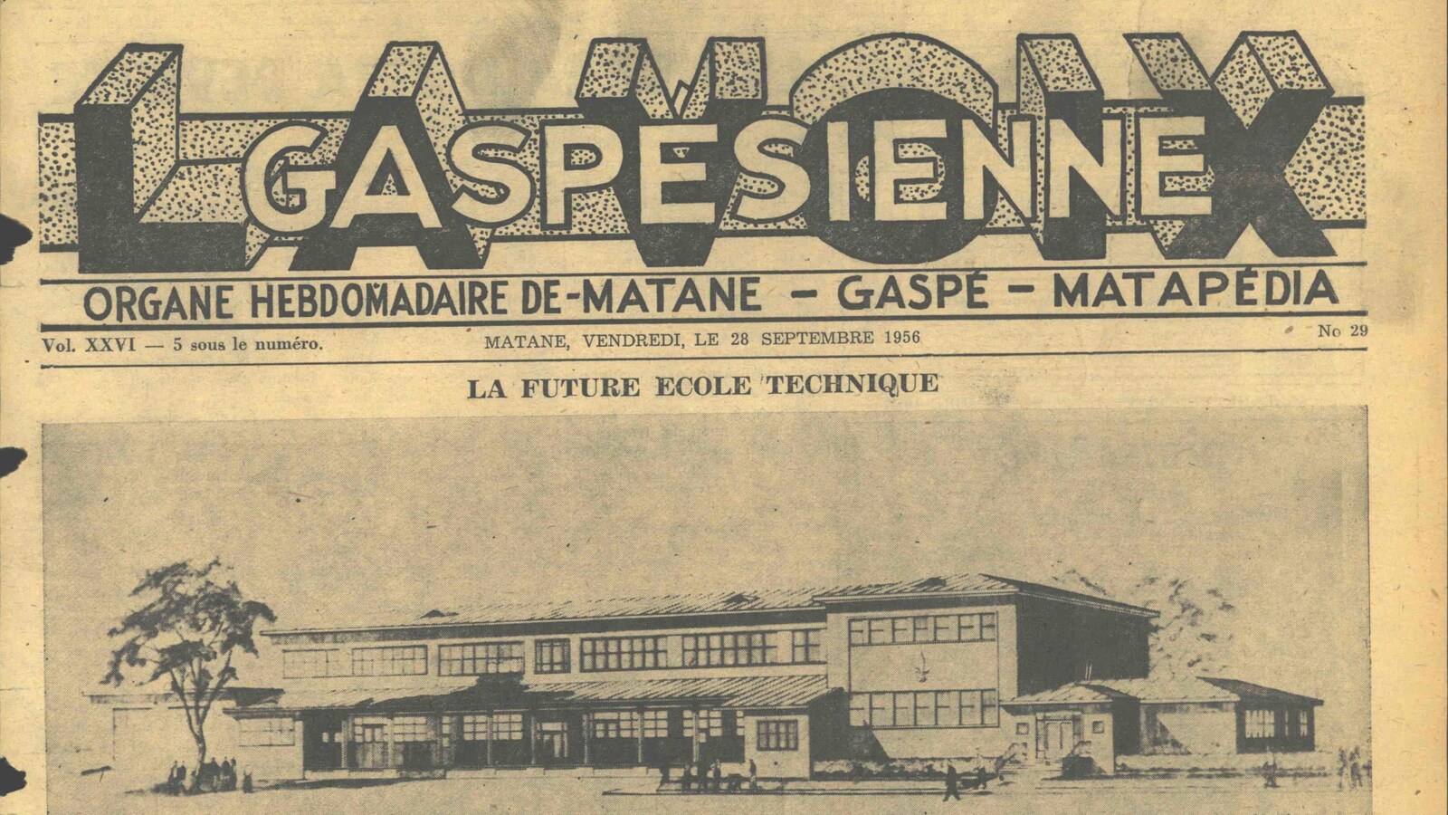 On voit la couverture d'un journal papier qui date du mois de septembre 1956. On peut y lire le titre La Voix gaspésienne.