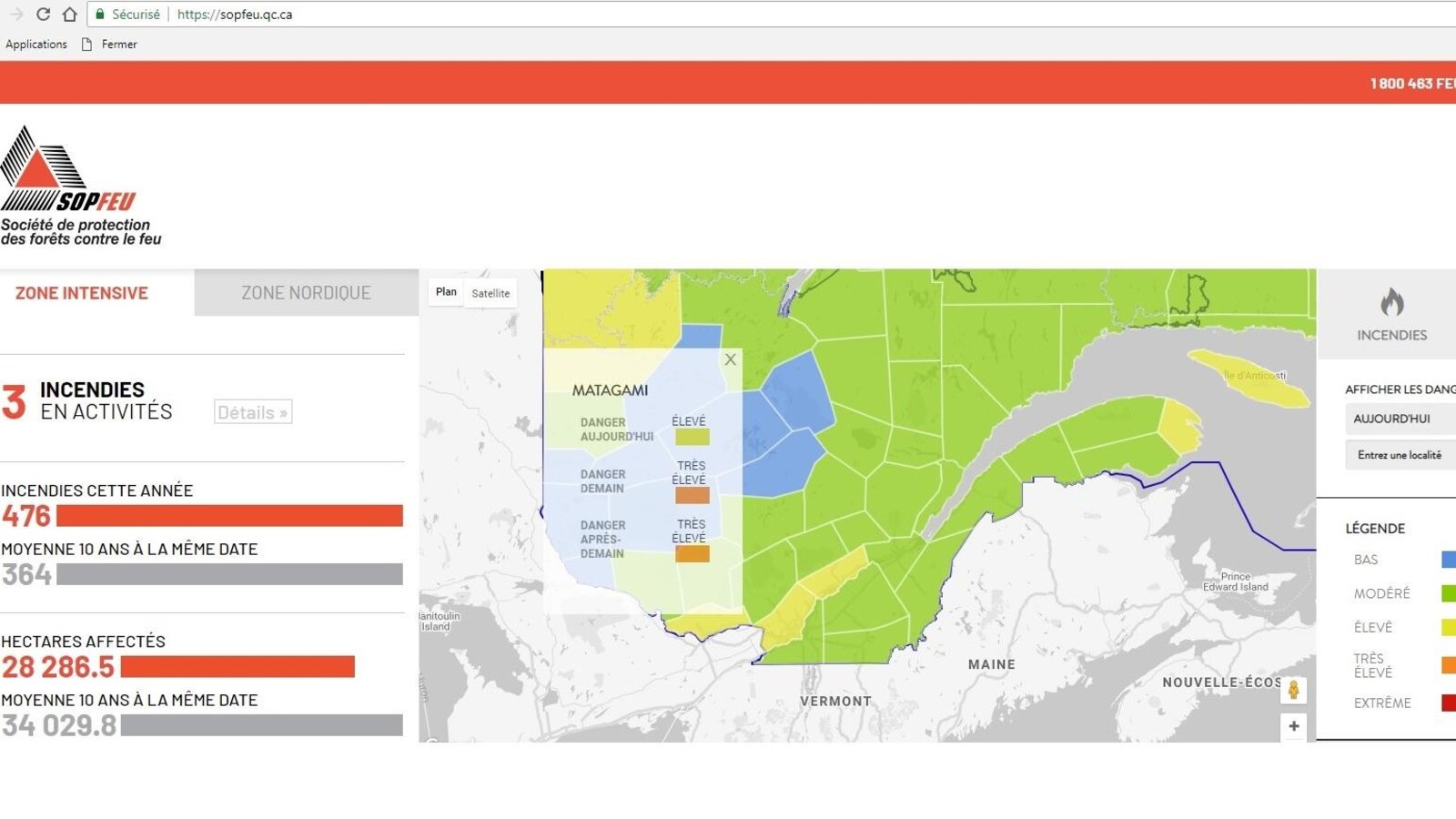 Une carte satellite tirée du site de la SOPFEU