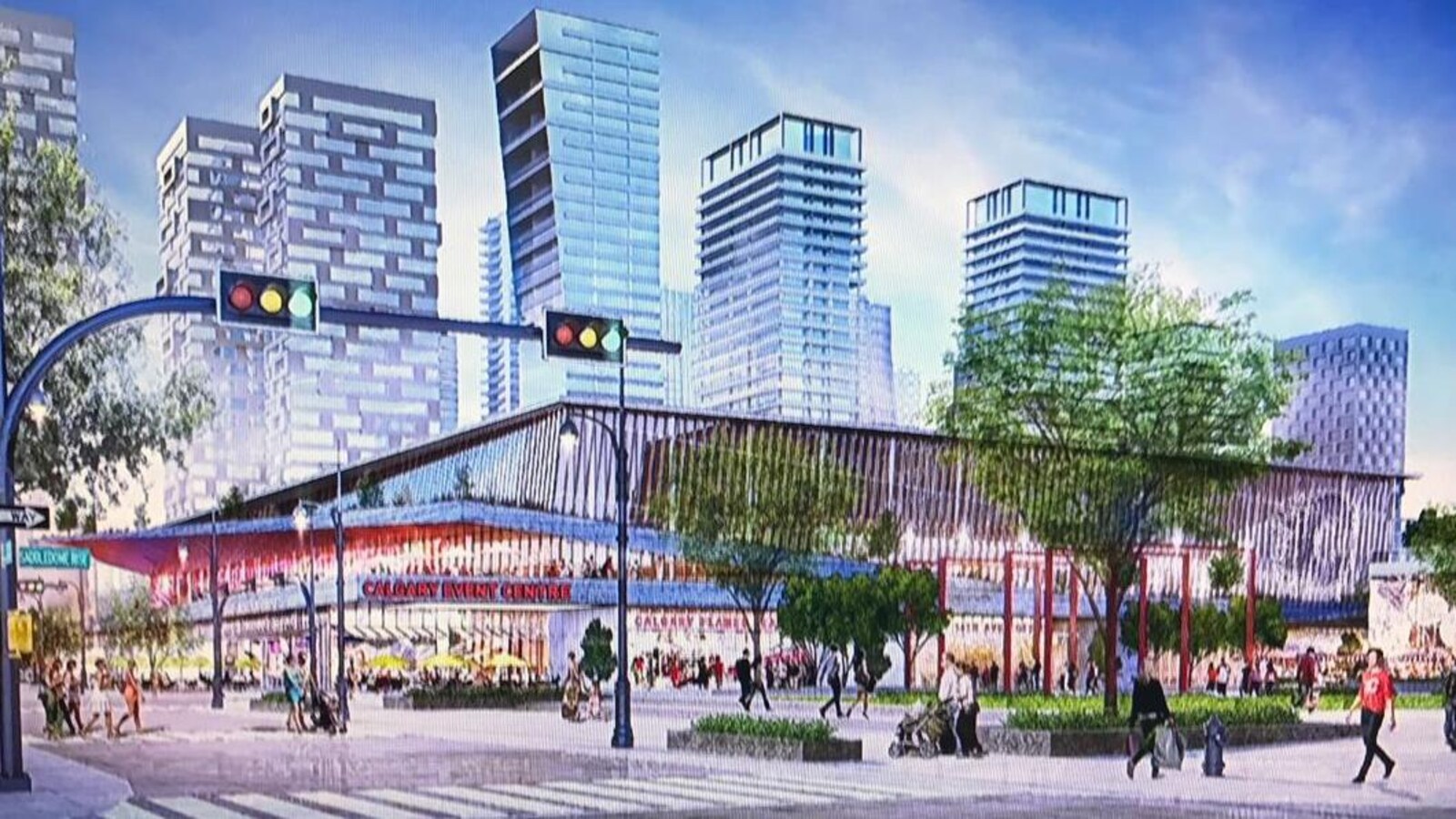 Un dessin du nouveau stade entouré de piétons et de gratte-ciels.