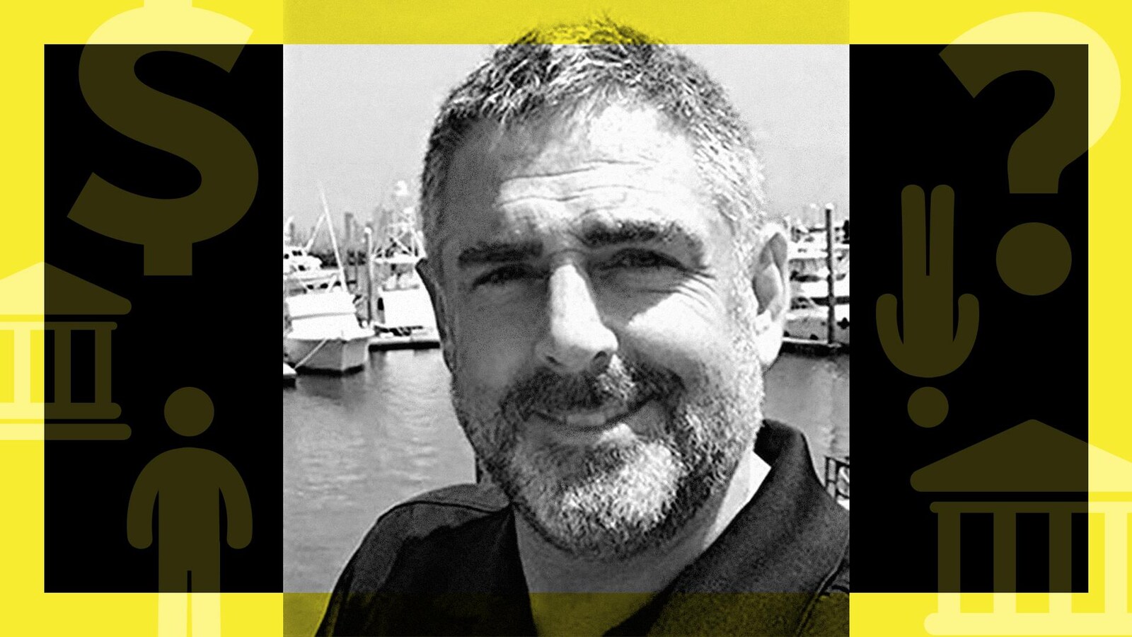 Un montage photo montre Stéphane Langlois devant une marina.