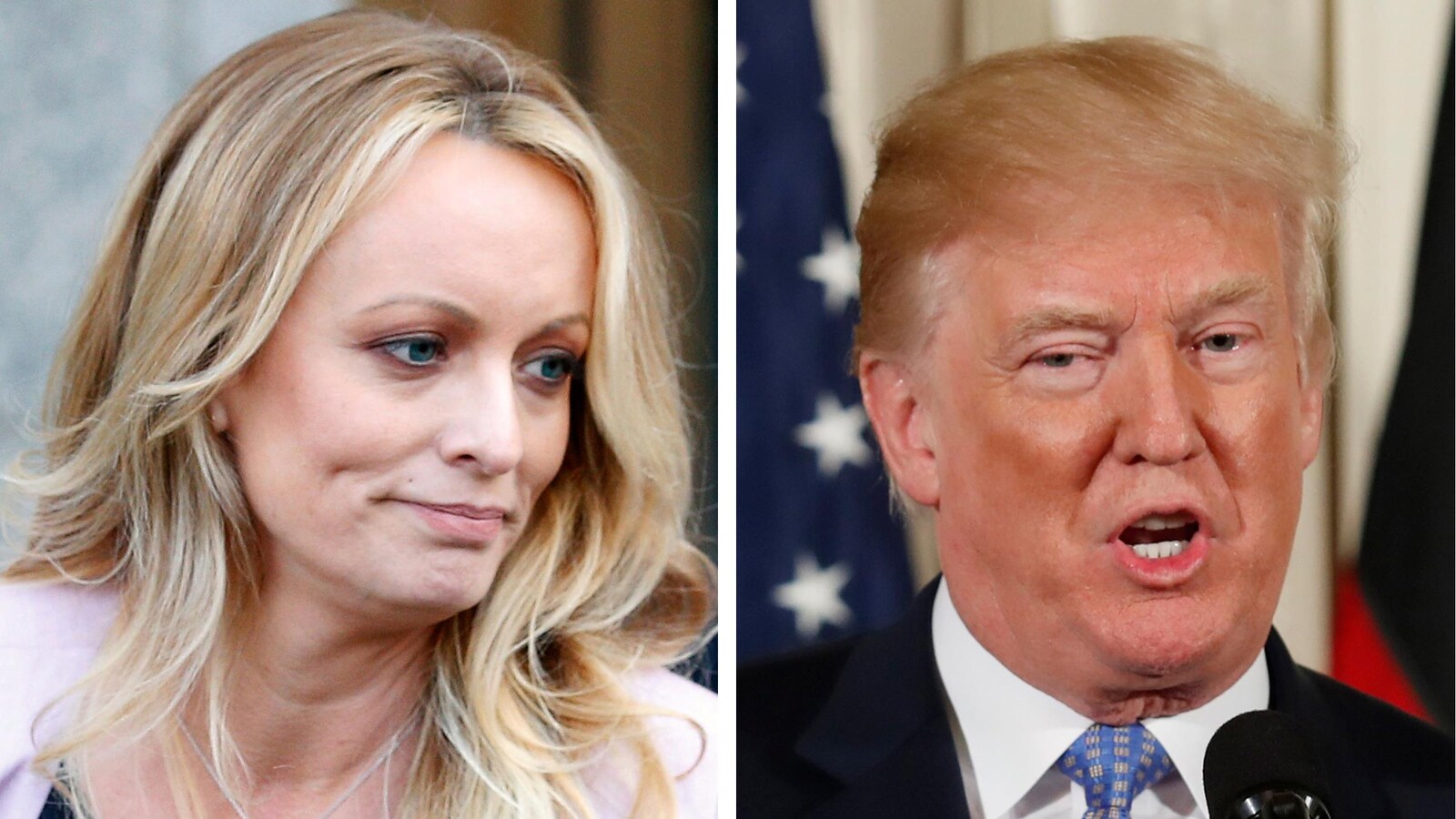Stephanie Clifford (à gauche), aussi connue sous le nom de Stormy Daniels, et le président des États-Unis, Donald Trump (à droite)