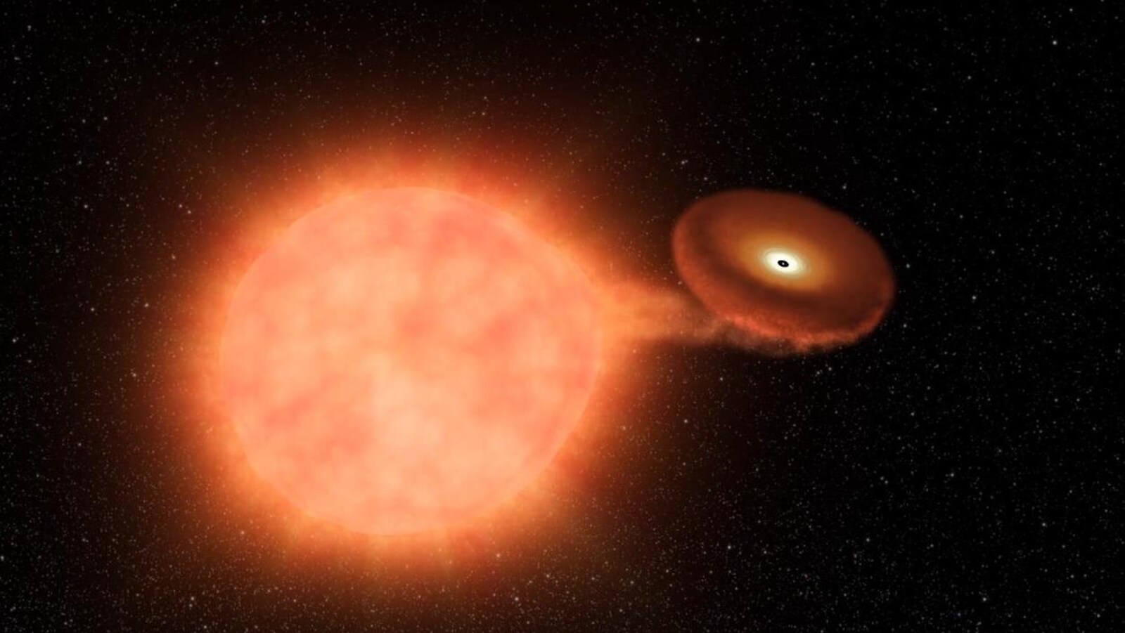 On voit deux étoiles de couleur orange : une très brillante, à gauche, et une minuscule, à droite, entourée d'un disque de matière.