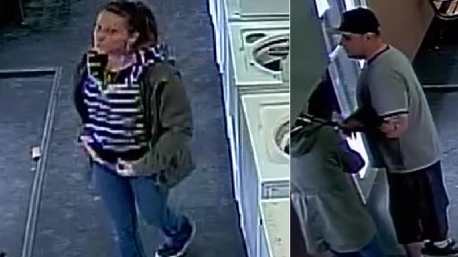 Une femme et un homme captés par une caméra dans une blanchisserie.