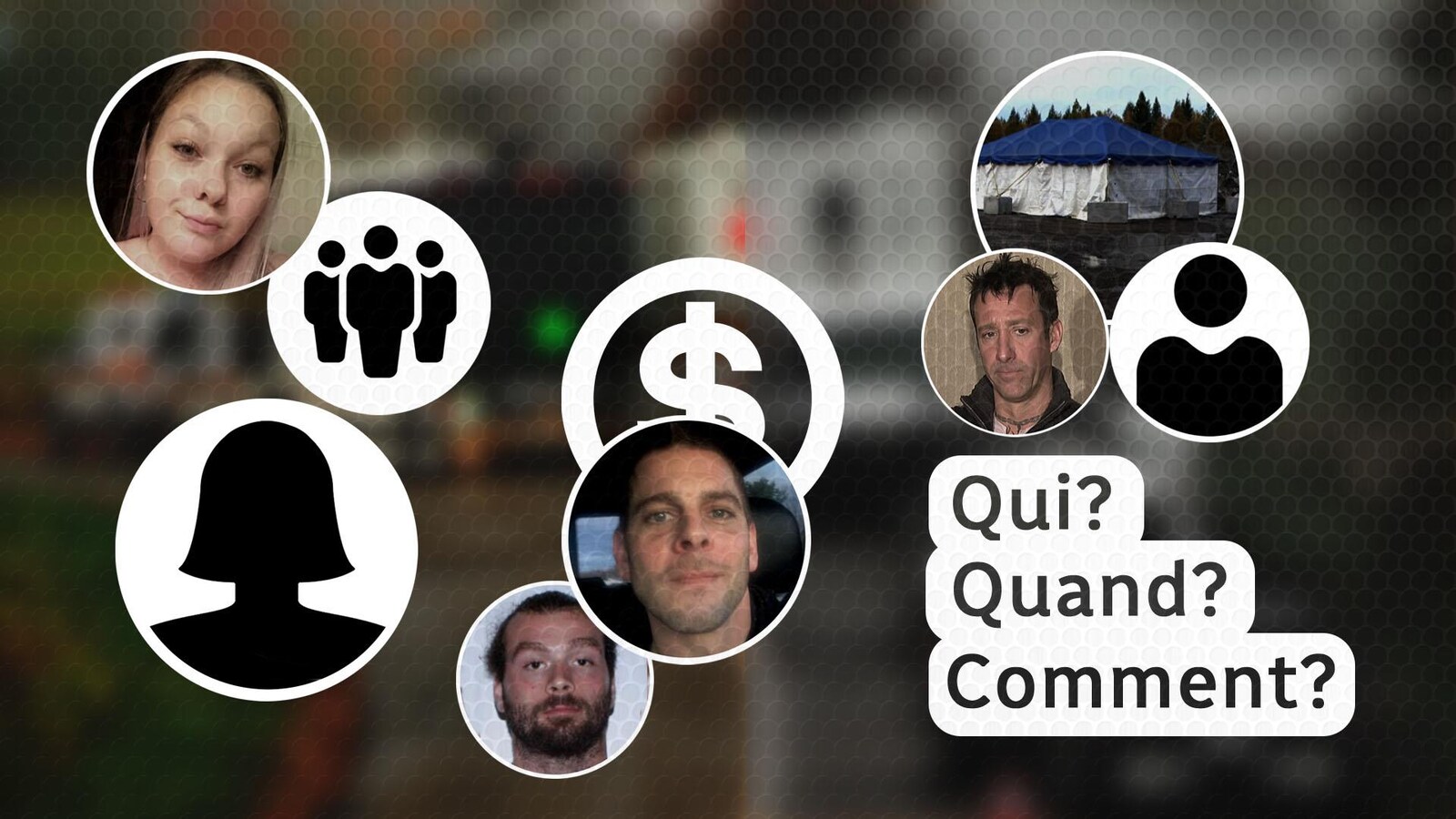 Tableau avec les visages d'Ophélie Martin-Cyr, René Kègle, Francis Martel et Steve Lamy