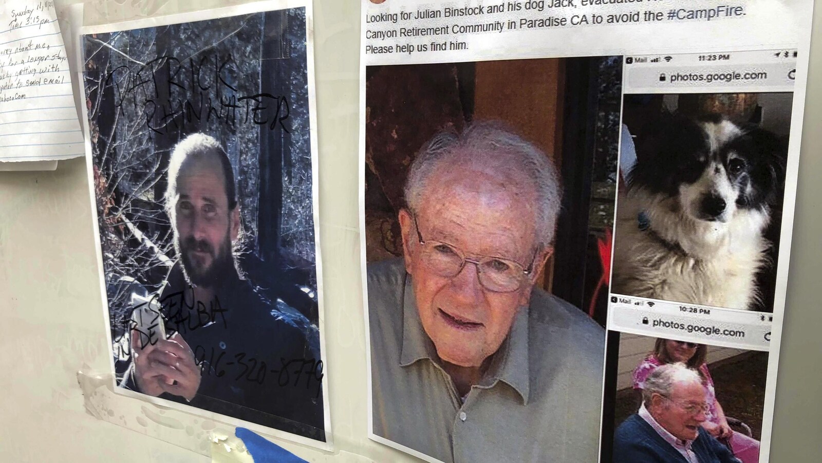 Photos d'hommes et d'un chien collées sur un tableau d'affichage.