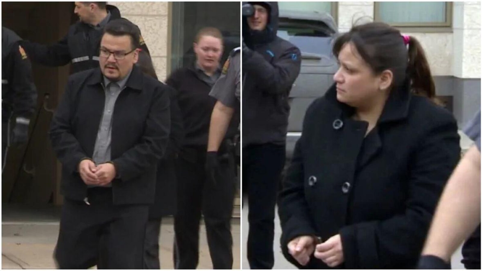 Kevin et Tammy Goforth marchent, menottes aux poignets et sous escorte policière, devant les caméras des journalistes.