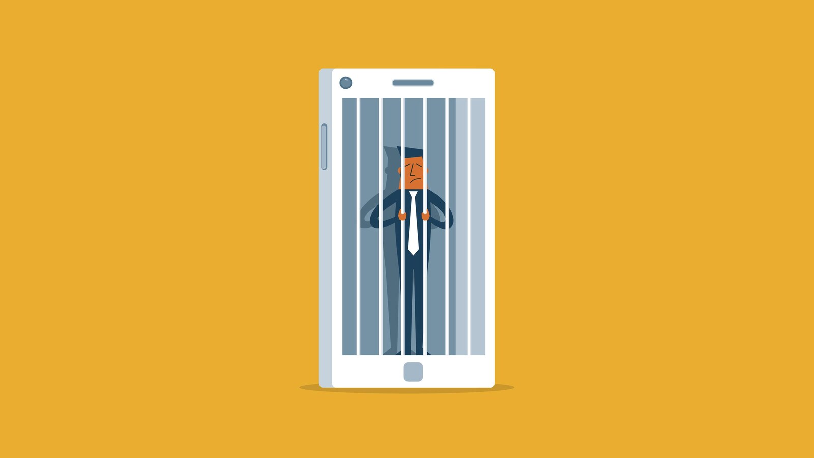 Une image montrant un téléphone intelligent dans lequel se tient un personnage qui s'agrippe à des barreaux de prison.