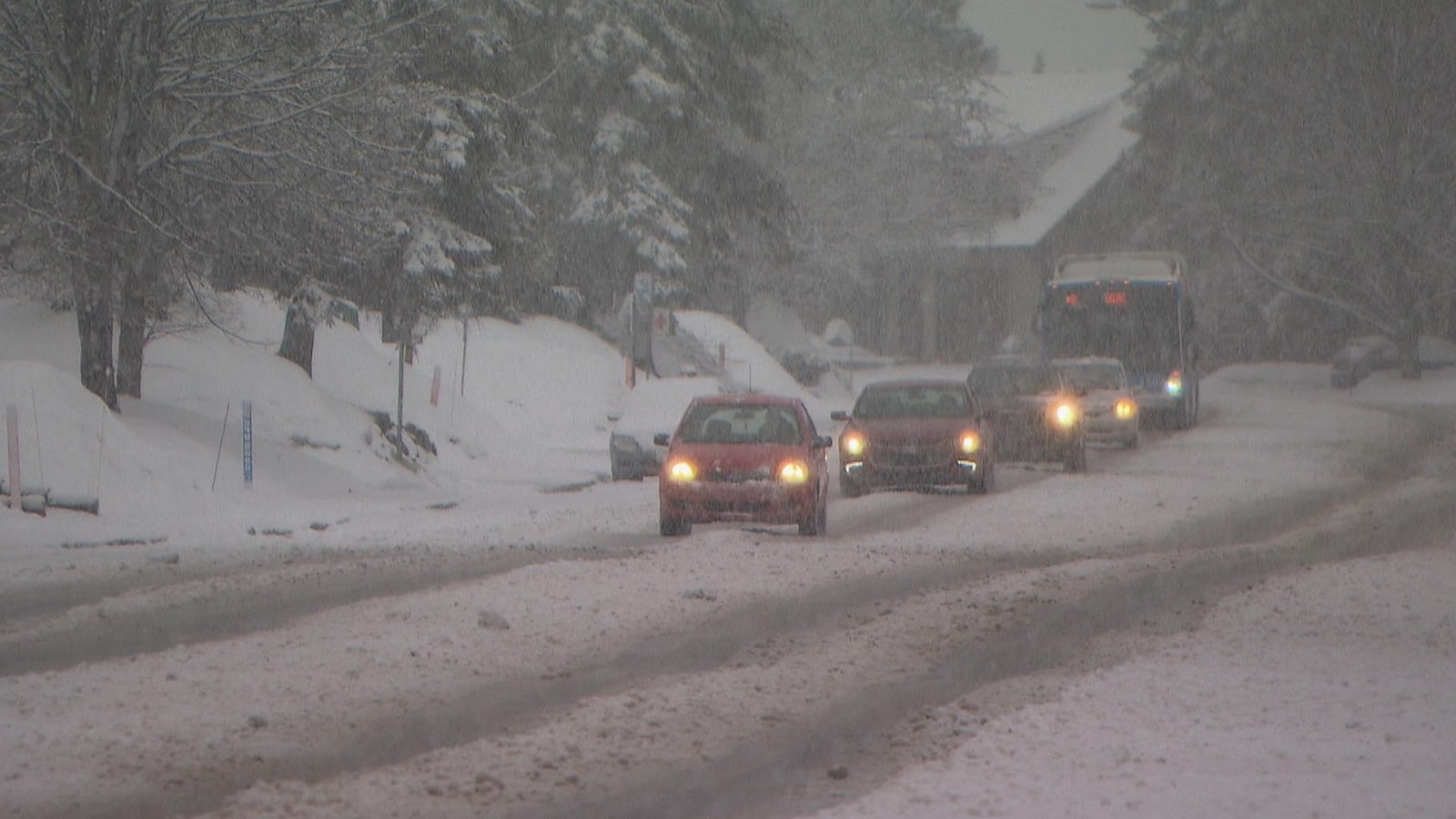 Des véhicules circulent sous la neige.
